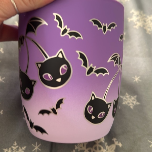 NEW Cobwebs & Cauldrons Matte Purple Black Cat Cherries Mug - Picture 3 of 4